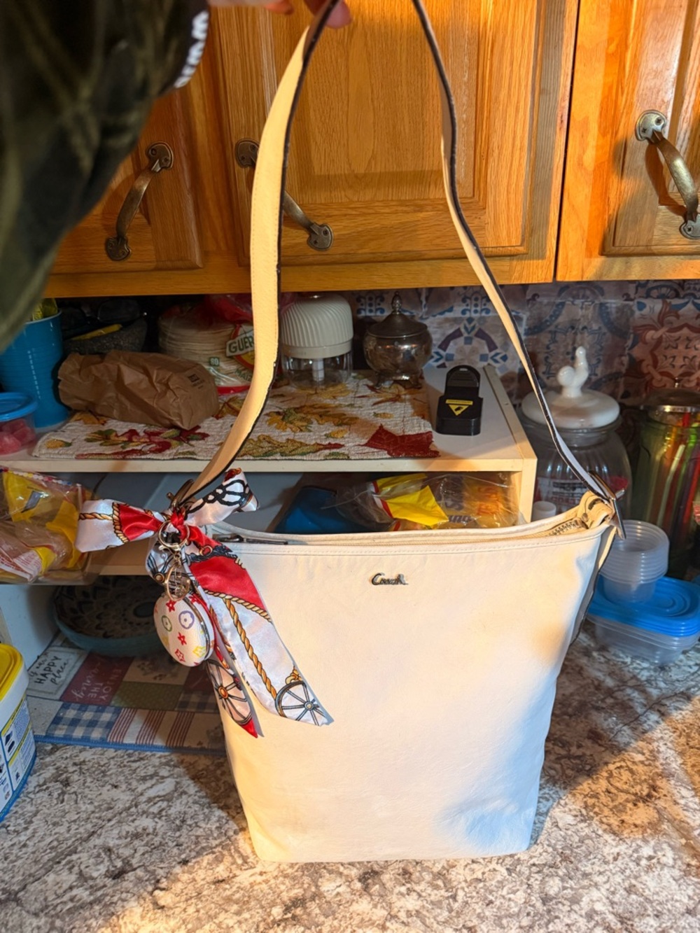 Coach Cream Leather Shoulder Bag with Red-Accent Scarf Charm